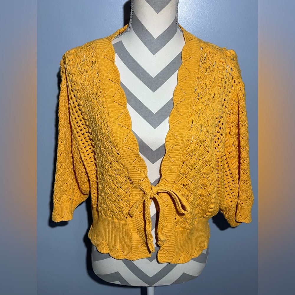 Zara Yellow Cardigan with Lacework and Tie Closure